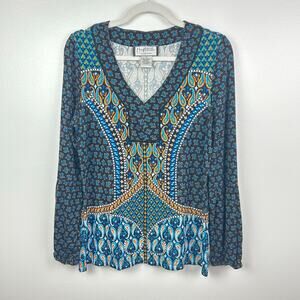 Mary McFadden Navy Blue Teal Orange Paisley Blouse Viscose Spandex Size Medium